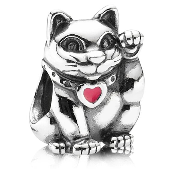 PANDORA Lucky Cat Charm Authentic Sterling Silver Animal Red Enamel Heart Luck - Picture 1 of 12
